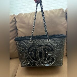 Chanel Limited Edition Black Quilted Vinyl & Tweed CC Tote Handbag Shoulder Bag